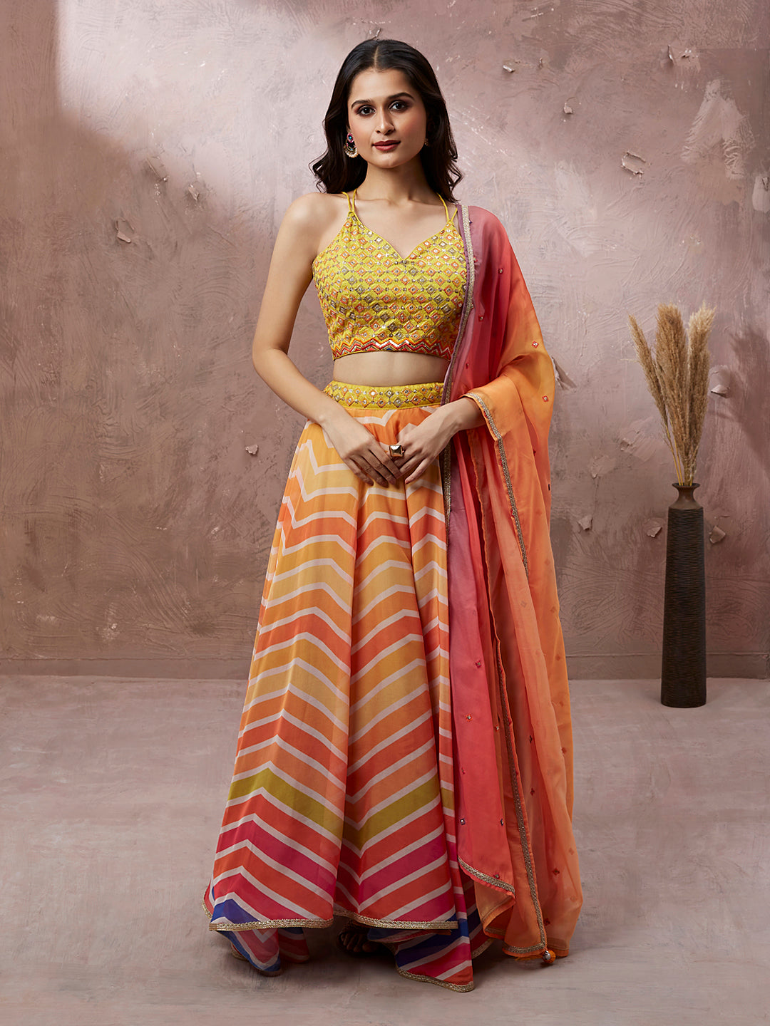 Yellow Organza Leheriya Printed Semi-Stitched Lehenga choli - qivii