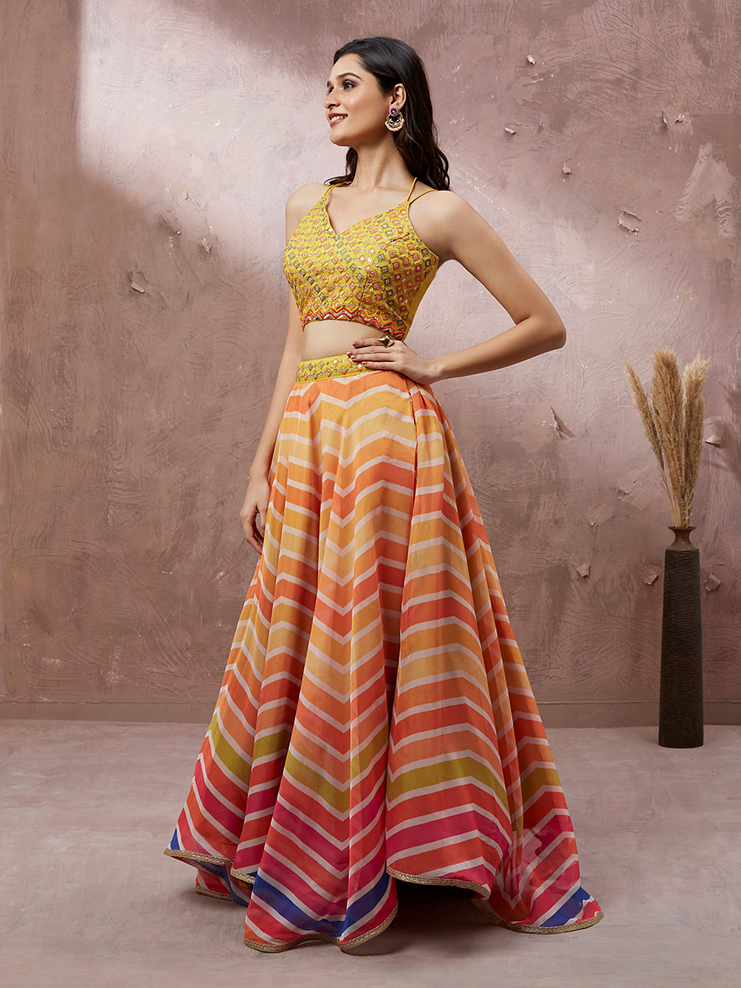 Yellow Organza Leheriya Printed Semi-Stitched Lehenga choli - qivii