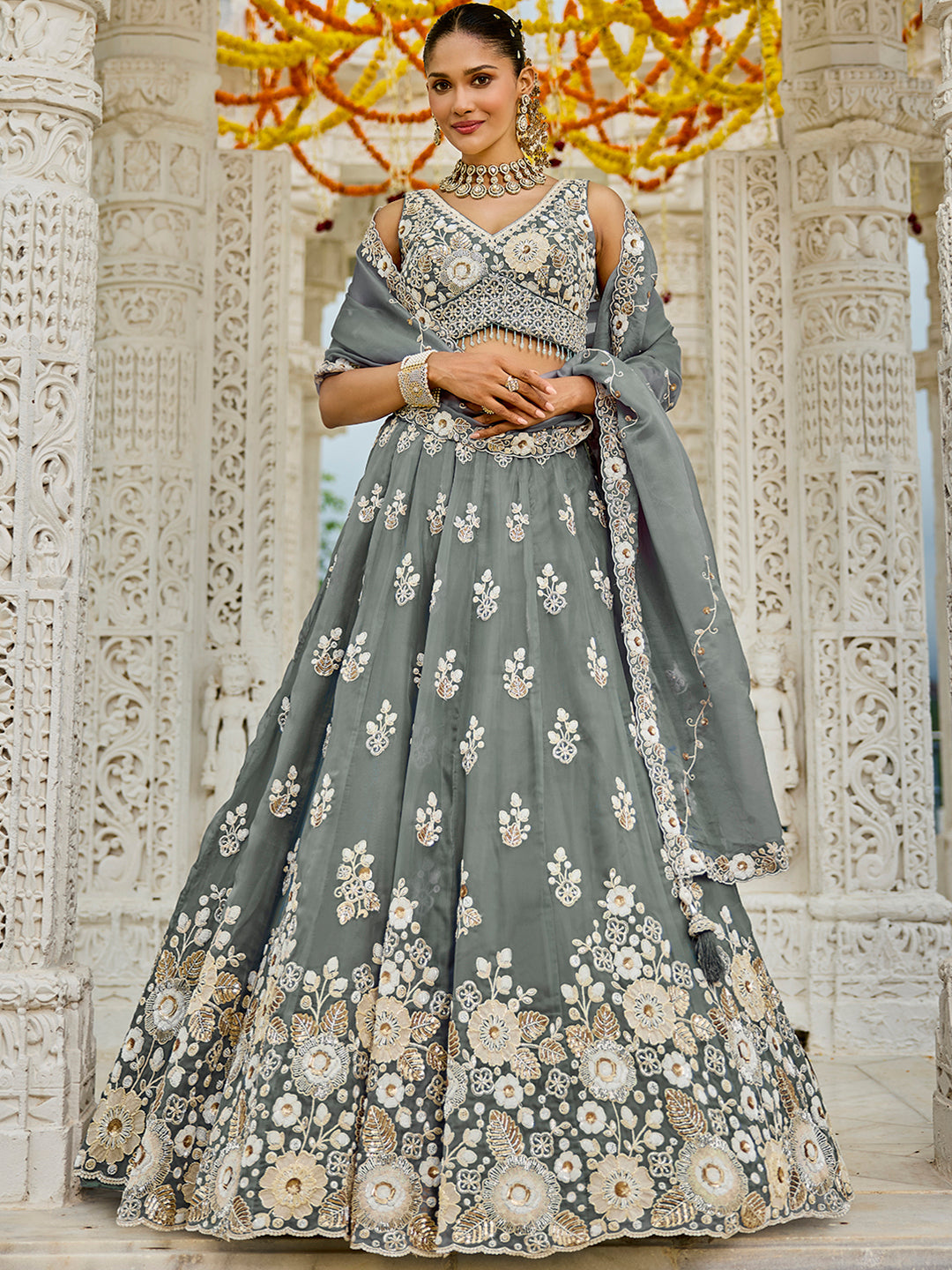 Gray - Organza Fabric Beads & Sequince Embroidered Ready to Wear Lehenga Choli & Dupatta