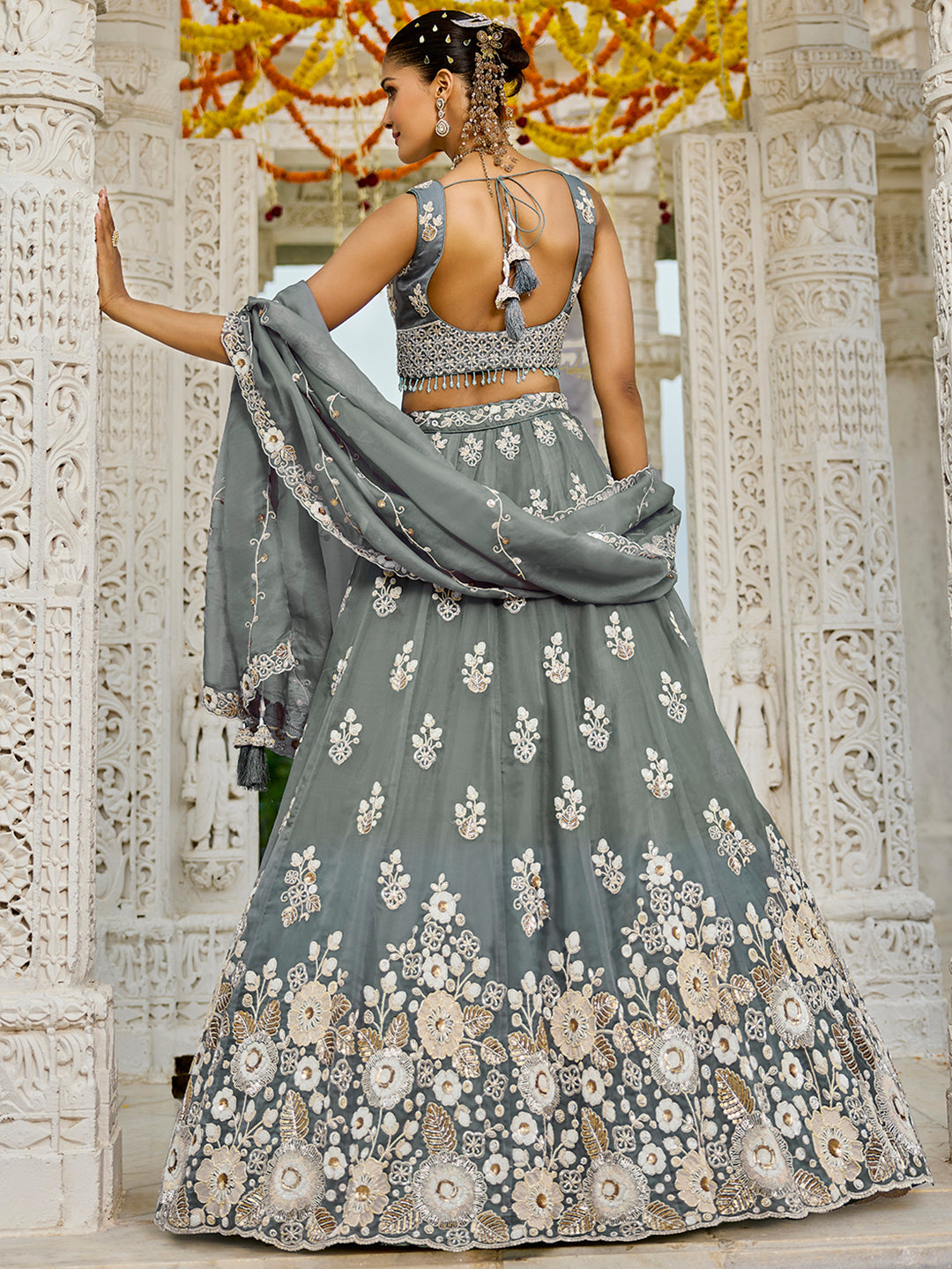 Gray - Organza Fabric Beads & Sequince Embroidered Ready to Wear Lehenga Choli & Dupatta