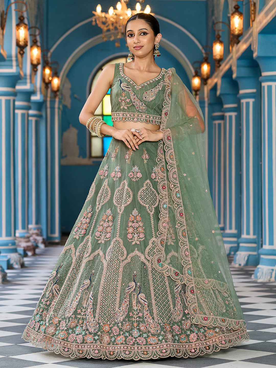 GREEN - Net Fabric Sequins embroidery Semi-Stitched Lehenga & Unstitched Blouse With Dupatta