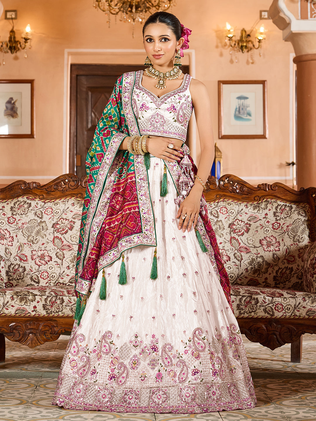 GREEN - Tissue Fabric Sequins embroidery Lehenga & Unstitched Blouse With Burgundy Color Dupatta