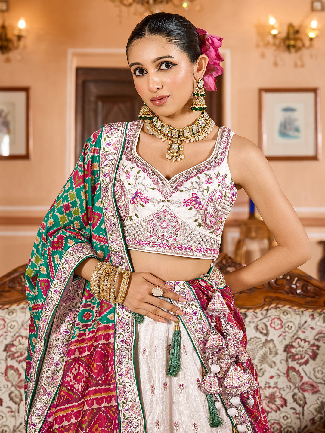 GREEN - Tissue Fabric Sequins embroidery Lehenga & Unstitched Blouse With Burgundy Color Dupatta