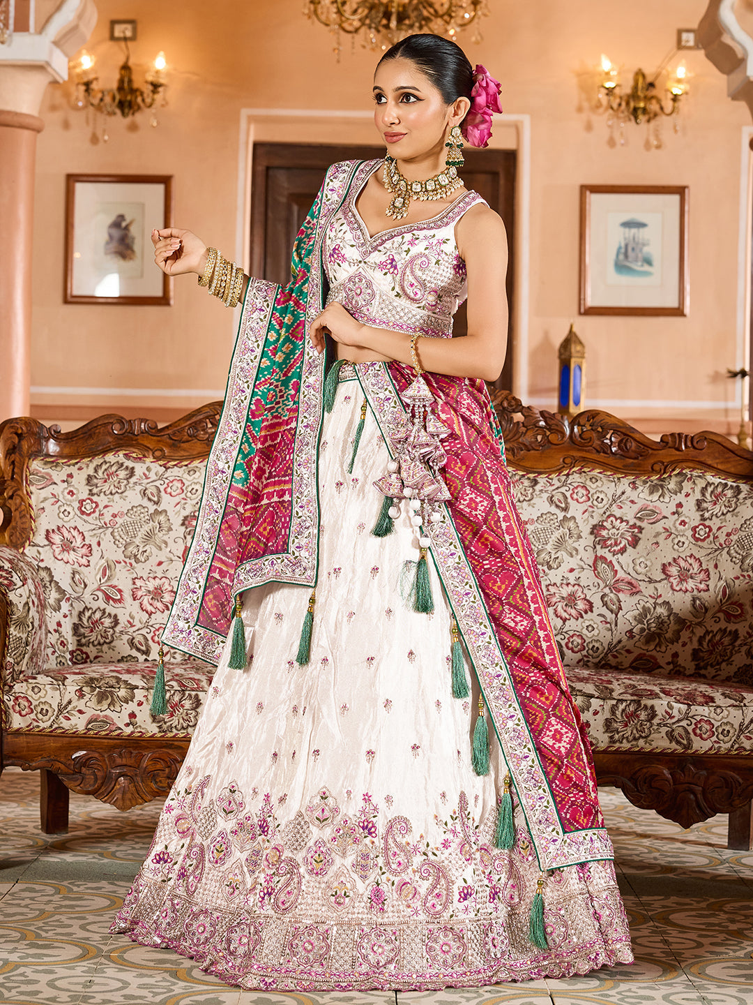 GREEN - Tissue Fabric Sequins embroidery Lehenga & Unstitched Blouse With Burgundy Color Dupatta