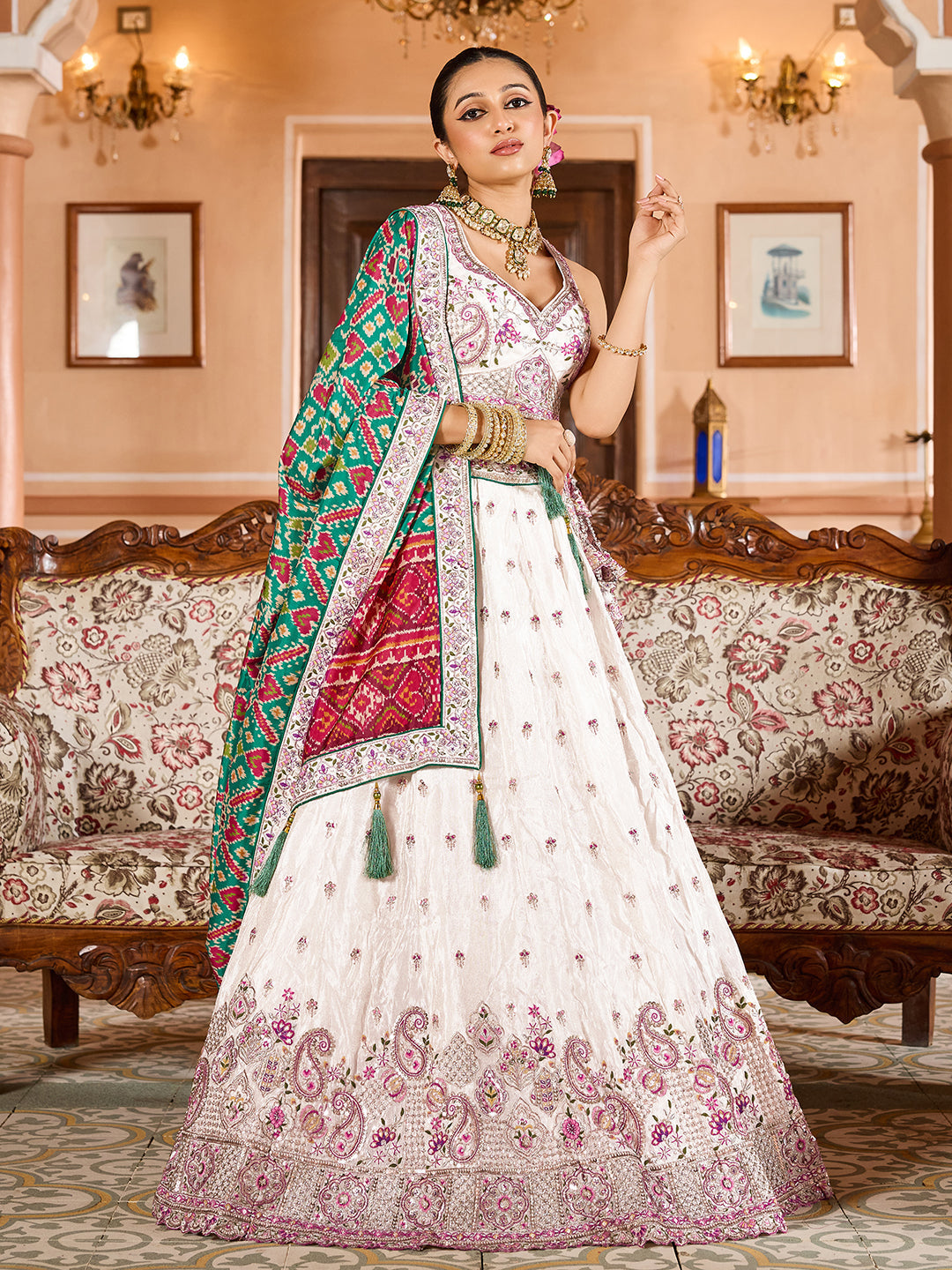 GREEN - Tissue Fabric Sequins embroidery Lehenga & Unstitched Blouse With Burgundy Color Dupatta