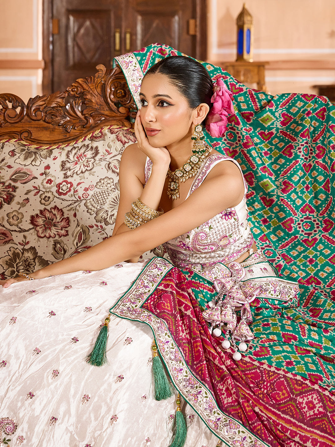 GREEN - Tissue Fabric Sequins embroidery Lehenga & Unstitched Blouse With Burgundy Color Dupatta