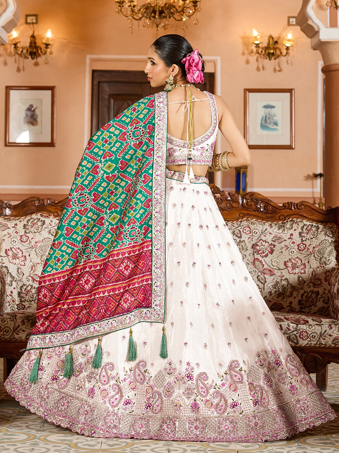 GREEN - Tissue Fabric Sequins embroidery Lehenga & Unstitched Blouse With Burgundy Color Dupatta