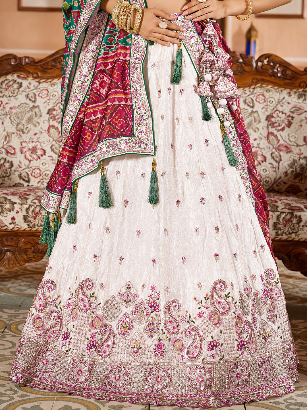 GREEN - Tissue Fabric Sequins embroidery Lehenga & Unstitched Blouse With Burgundy Color Dupatta