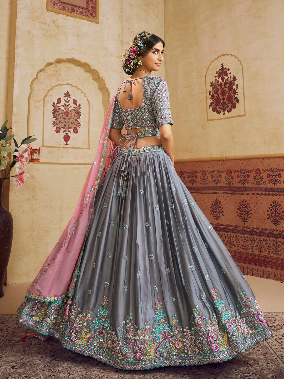 Grey Color Silk Fabric Sequins embroidery Lehenga choli & Dupatta - qivii