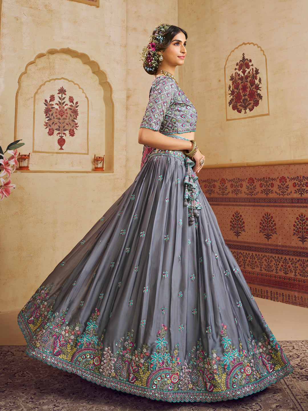 Grey Color Silk Fabric Sequins embroidery Lehenga choli & Dupatta - qivii