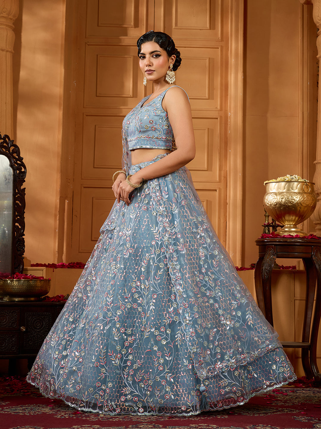 Grey- Net Fabric Sequins embroidery Semi-Stitched Lehenga & Unstitched Blouse With Dupatta - qivii
