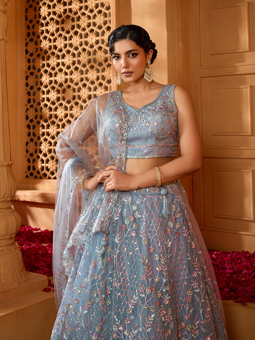 Grey- Net Fabric Sequins embroidery Semi-Stitched Lehenga & Unstitched Blouse With Dupatta - qivii