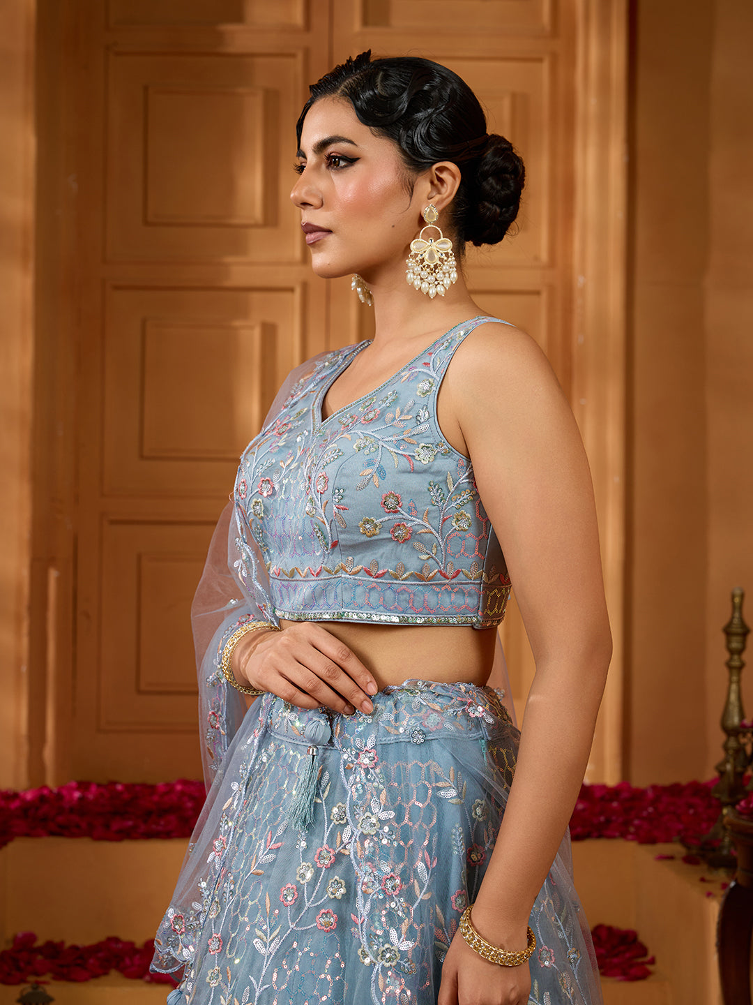 Grey- Net Fabric Sequins embroidery Semi-Stitched Lehenga & Unstitched Blouse With Dupatta - qivii