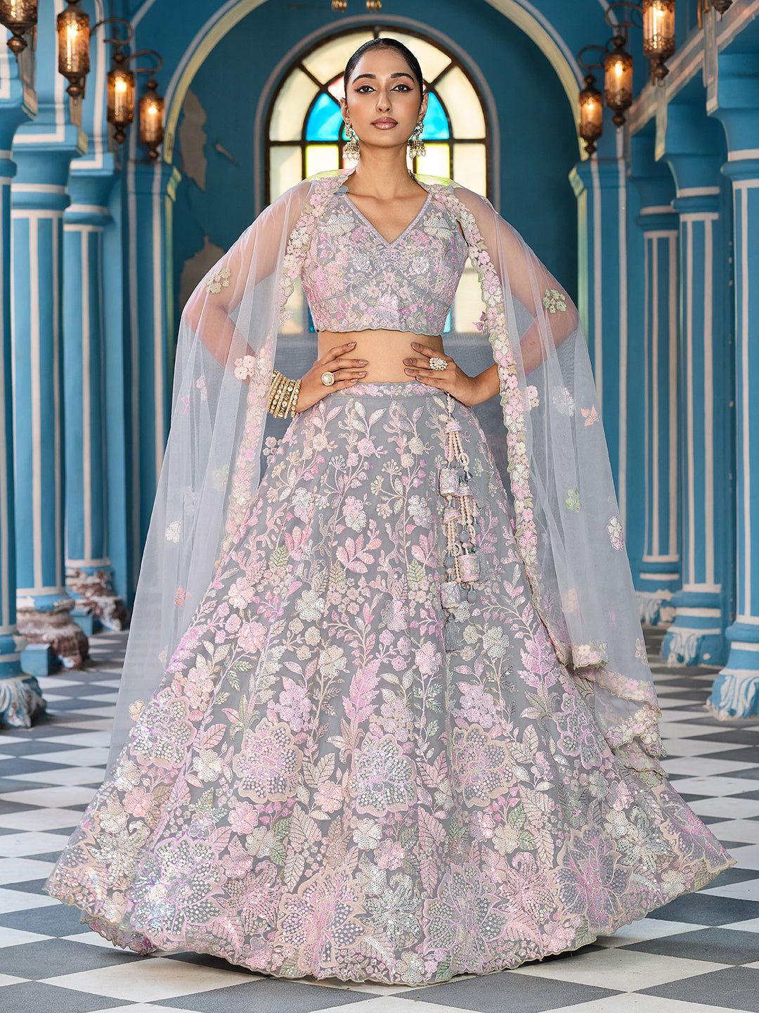 GREY - Net Fabric Sequins embroidery Lehenga & Unstitched Blouse With Dupatta