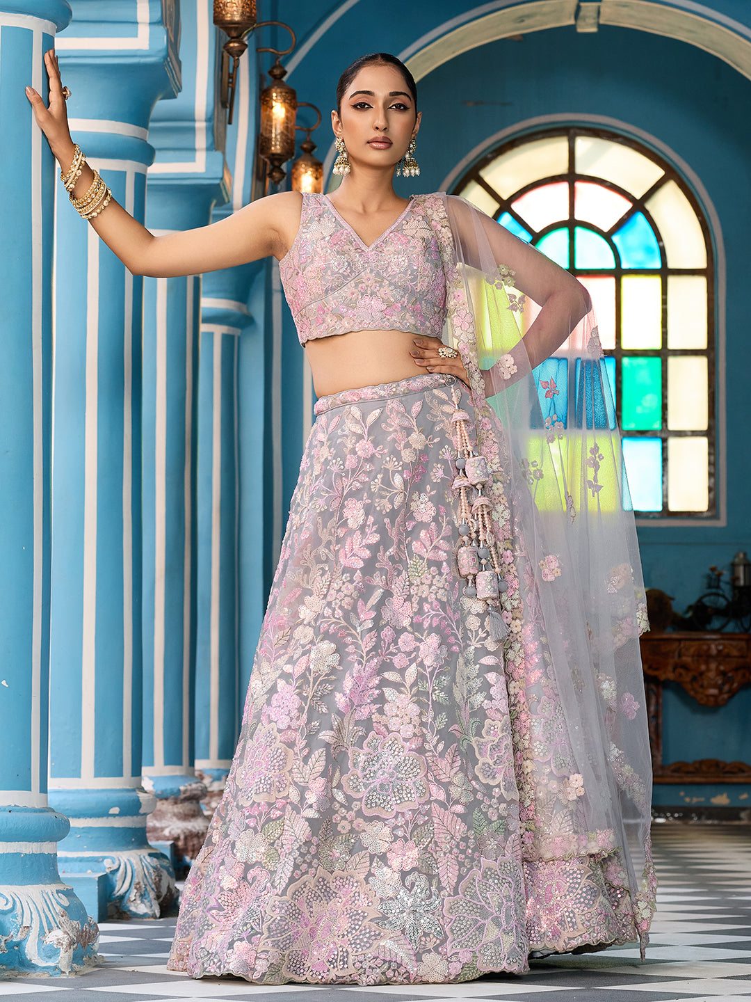 GREY - Net Fabric Sequins embroidery Lehenga & Unstitched Blouse With Dupatta