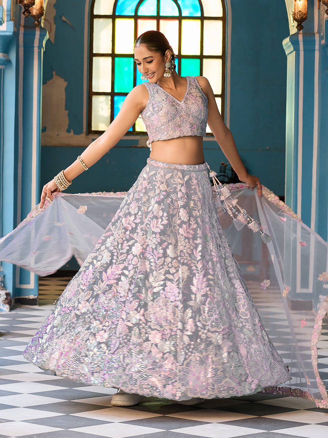 GREY - Net Fabric Sequins embroidery Lehenga & Unstitched Blouse With Dupatta