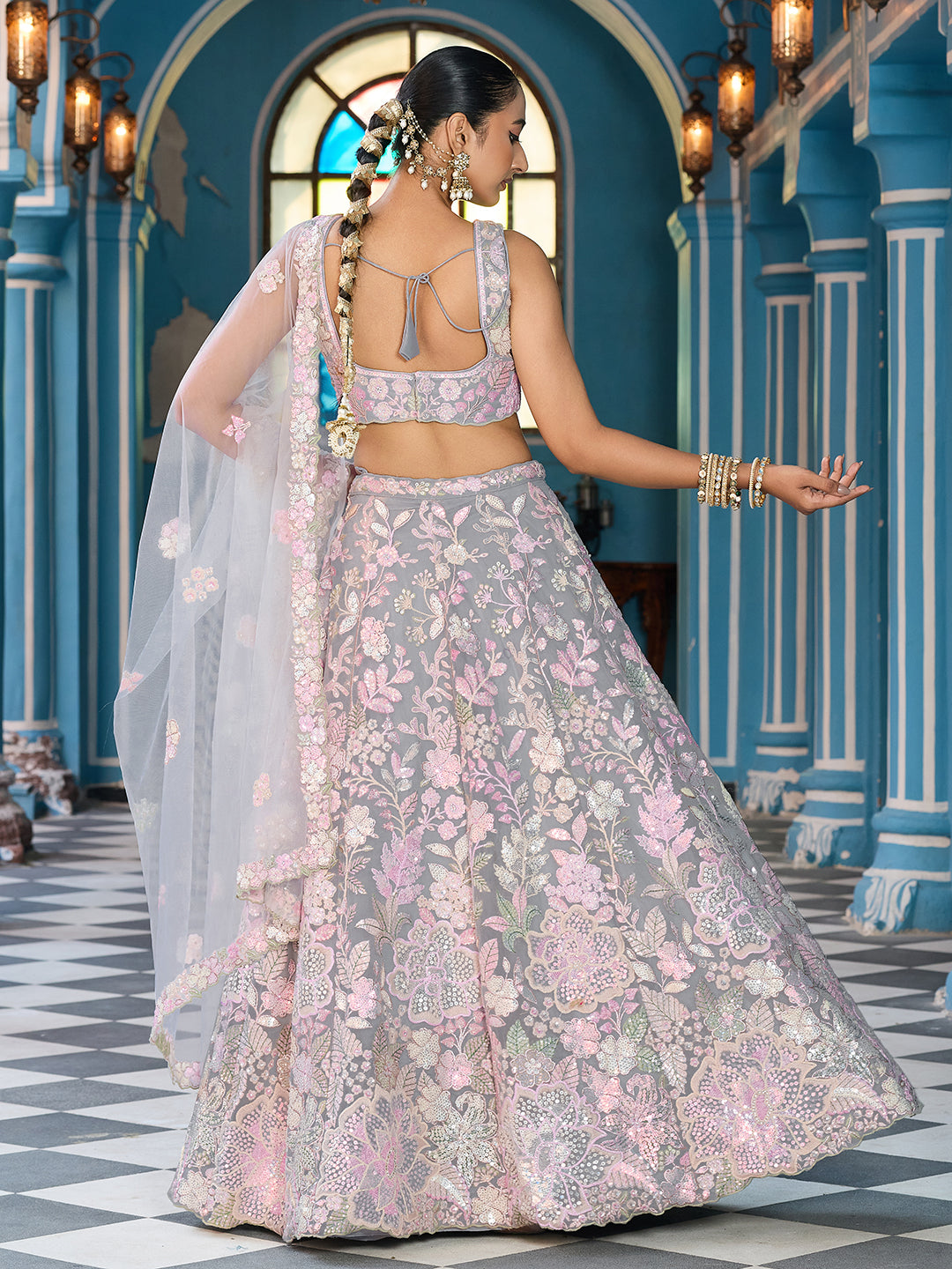 GREY - Net Fabric Sequins embroidery Lehenga & Unstitched Blouse With Dupatta