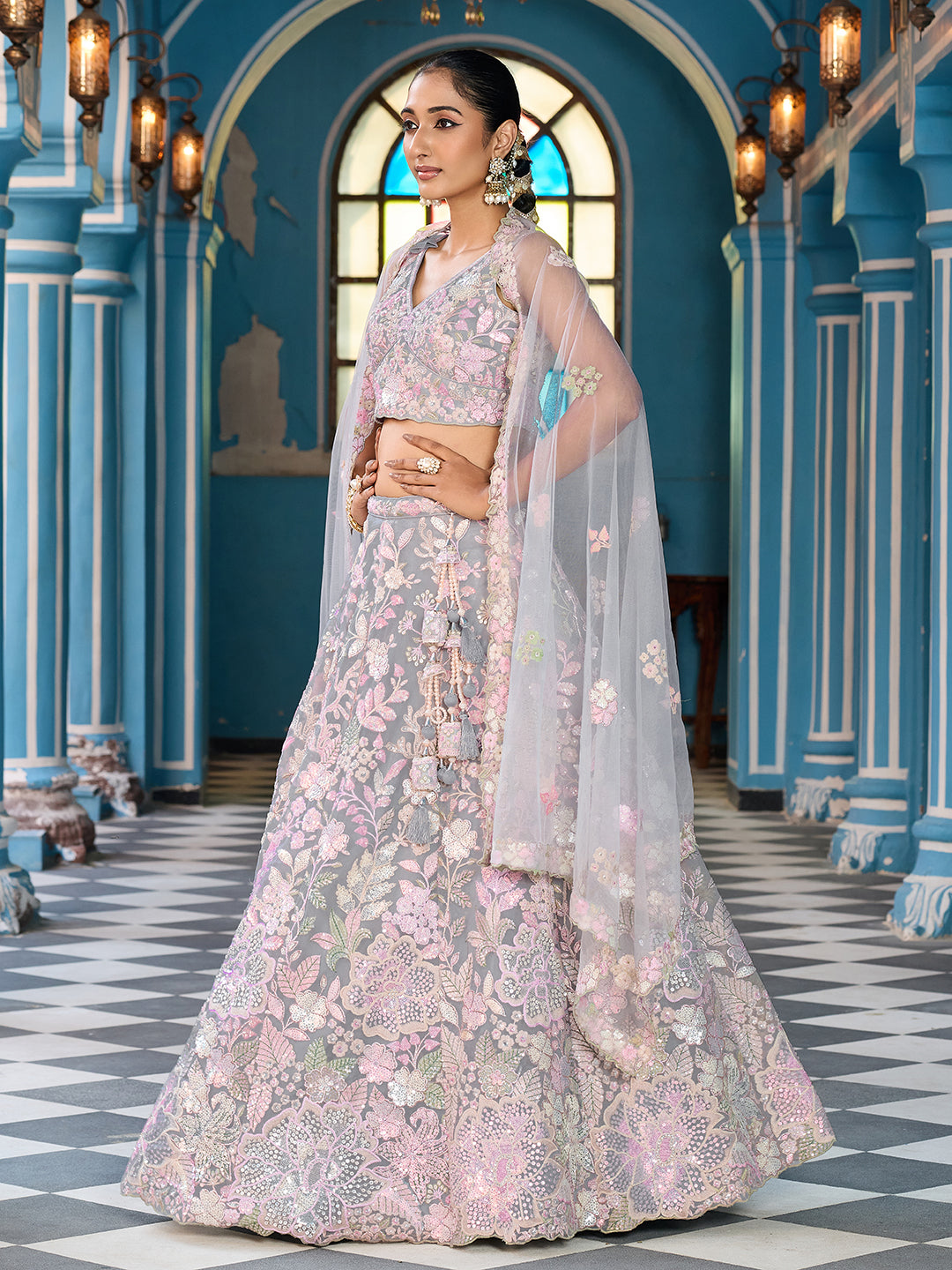 GREY - Net Fabric Sequins embroidery Lehenga & Unstitched Blouse With Dupatta