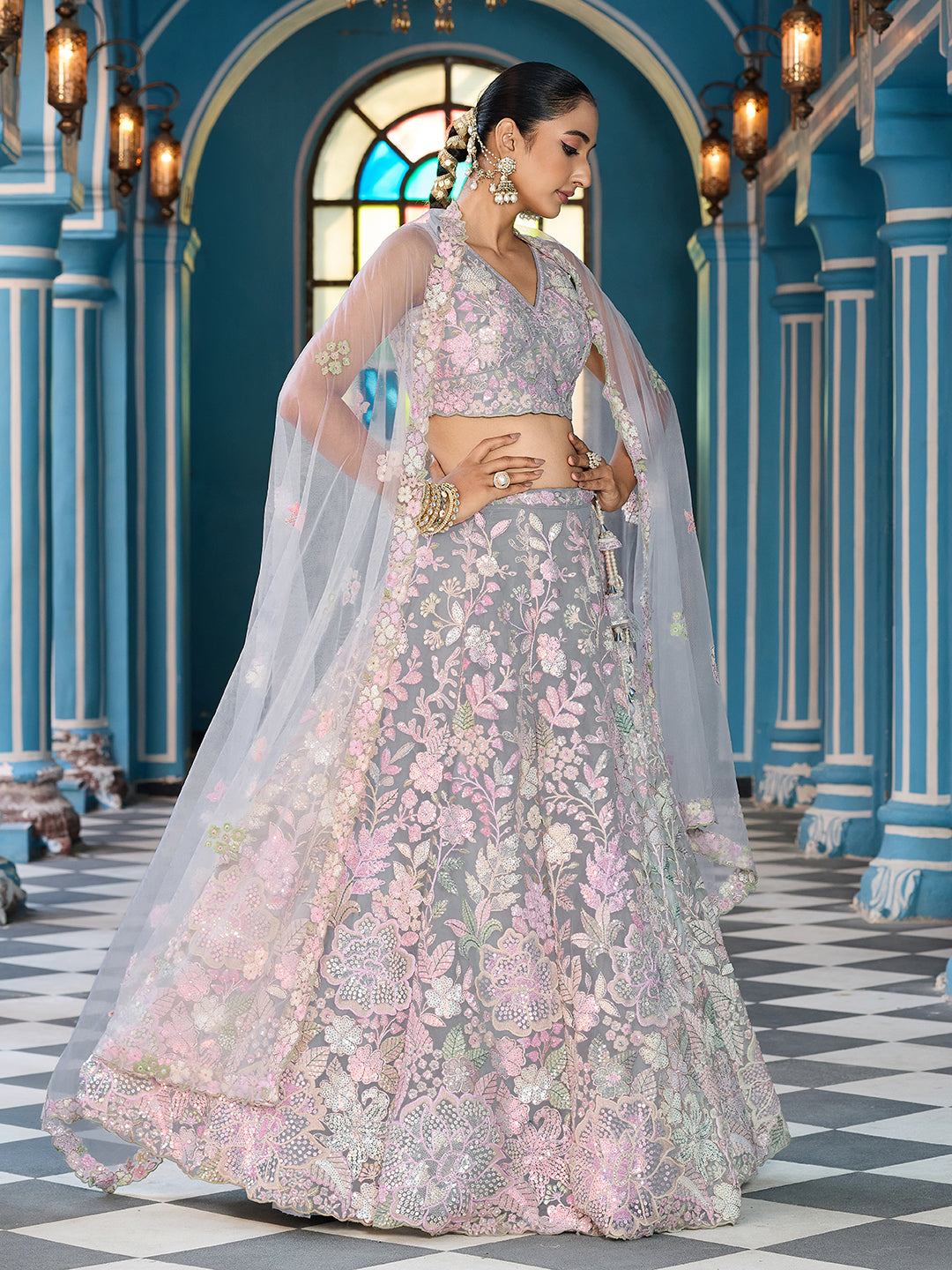 GREY - Net Fabric Sequins embroidery Lehenga & Unstitched Blouse With Dupatta