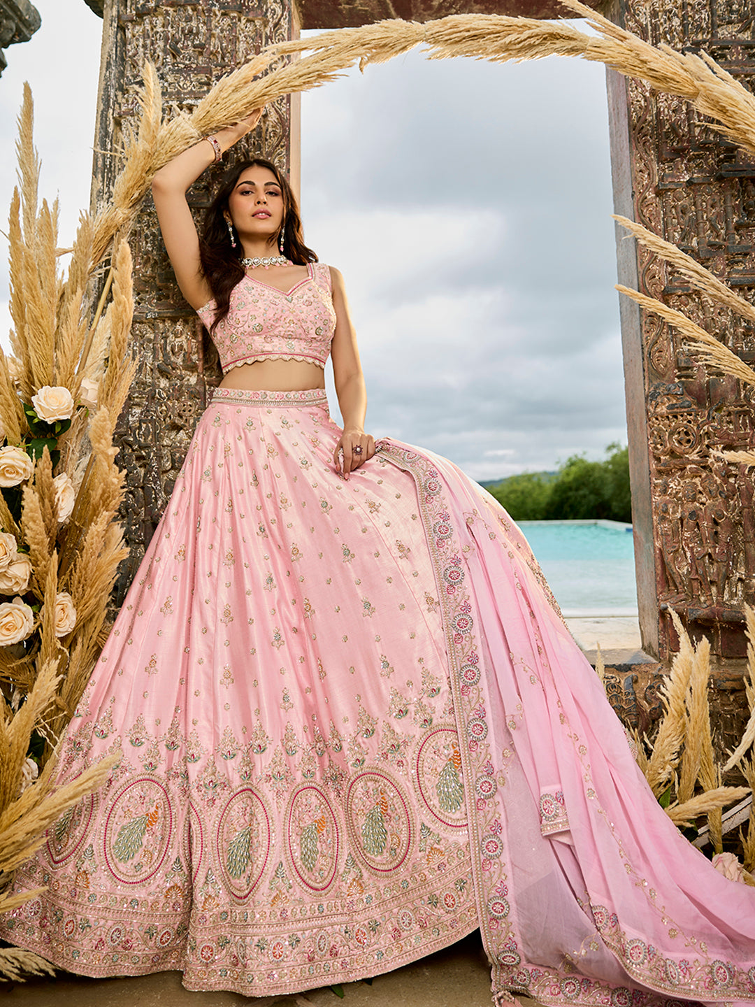 Pink - Silk Fabric Beads & Sequince Embroidered Ready to Wear Lehenga Choli & Dupatta