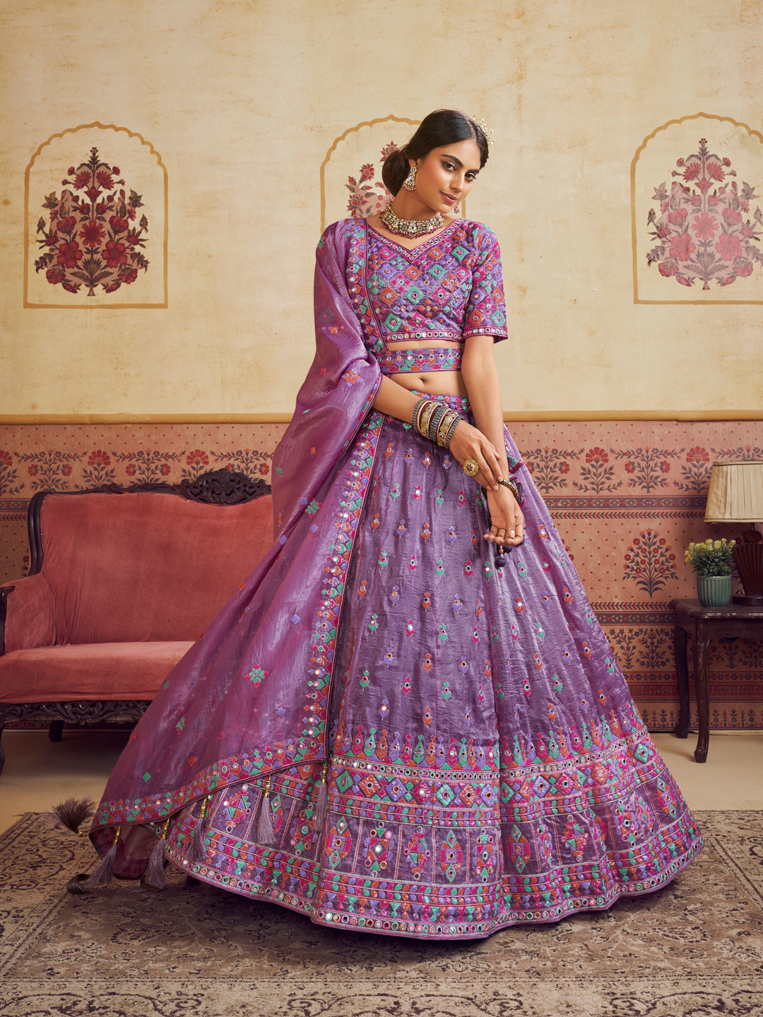 Lavender Color Organza Fabric Sequins embroidery Lehenga choli & Dupatta - qivii