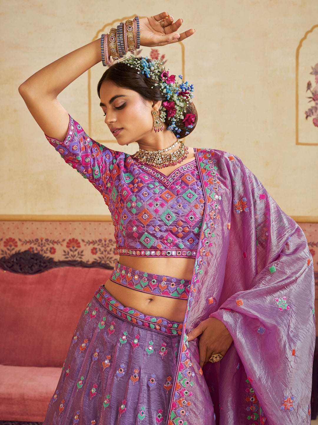 Lavender Color Organza Fabric Sequins embroidery Lehenga choli & Dupatta - qivii