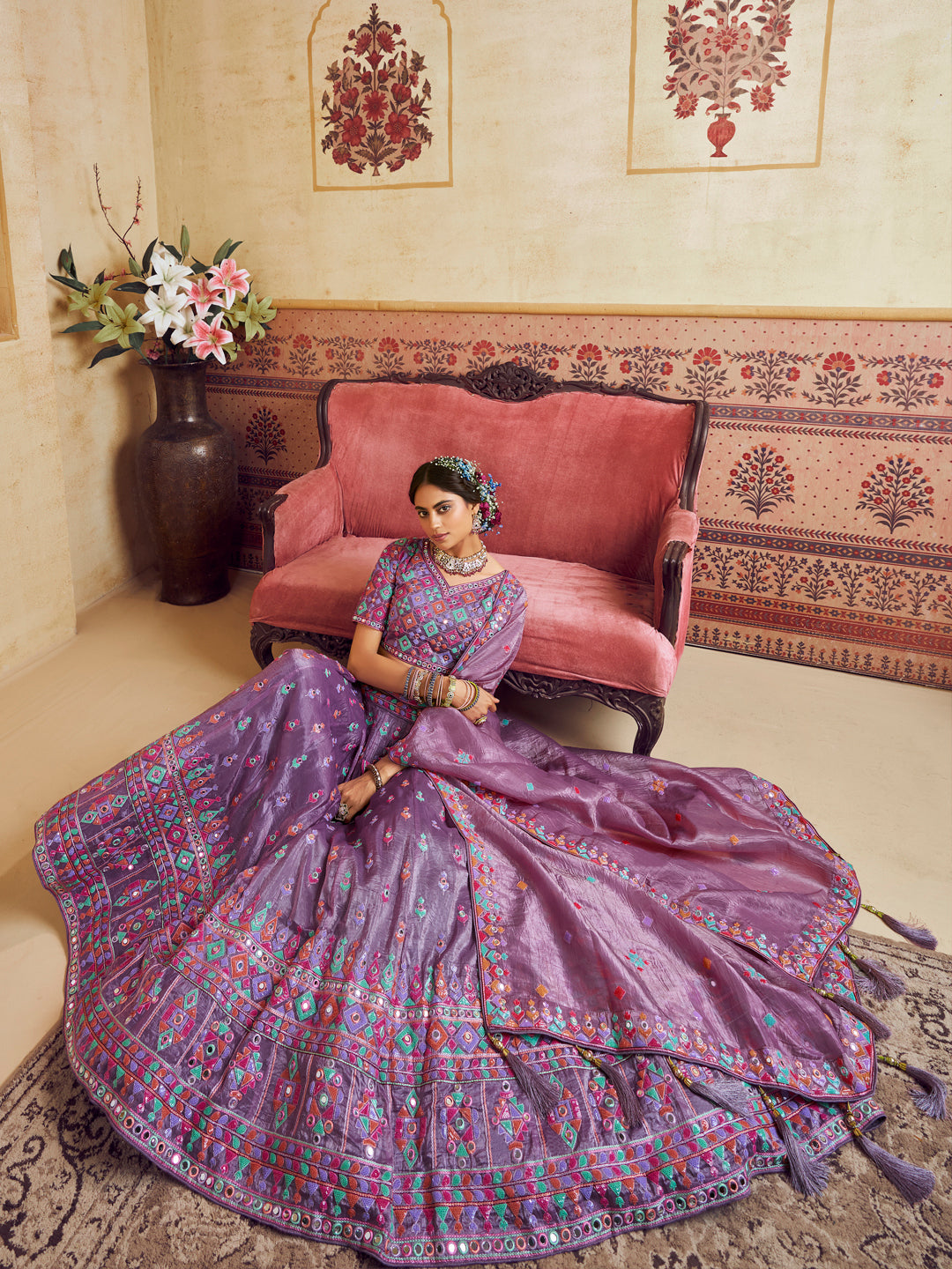 Lavender Color Organza Fabric Sequins embroidery Lehenga choli & Dupatta - qivii