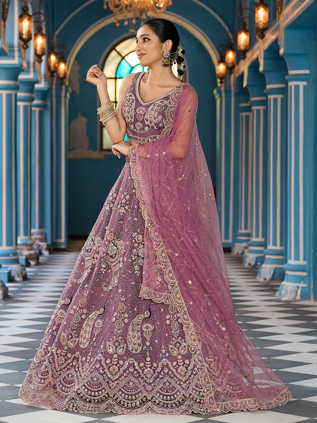 LAVENDER - Net Fabric Sequins embroidery Lehenga & Unstitched Blouse With Dupatta