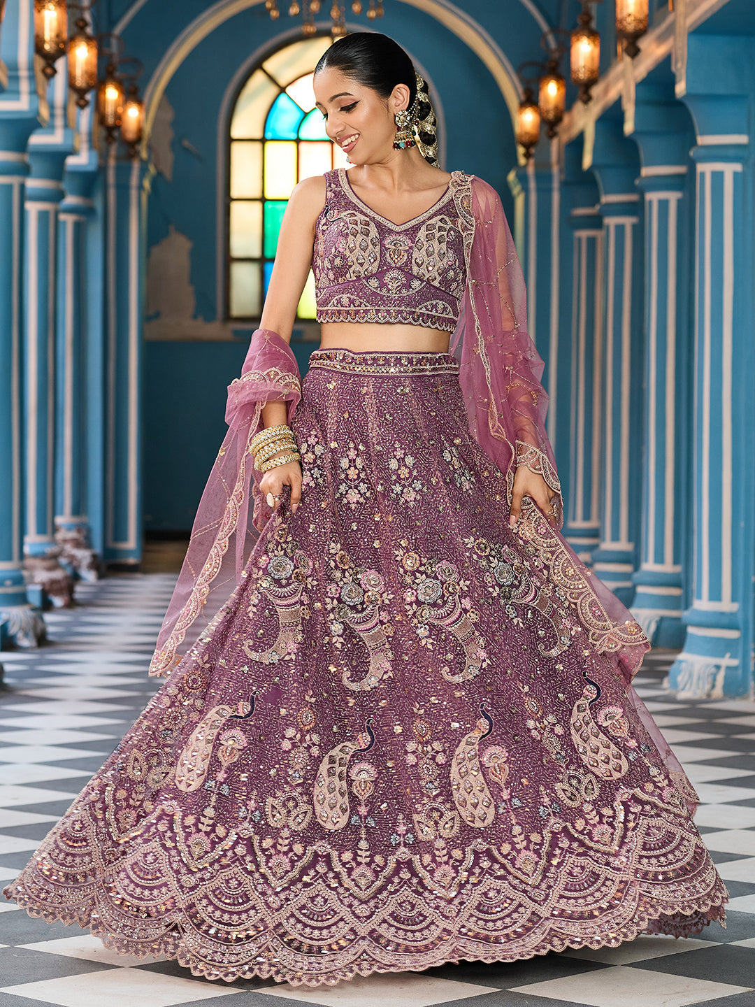 LAVENDER - Net Fabric Sequins embroidery Semi-Stitched Lehenga & Unstitched Blouse With Dupatta