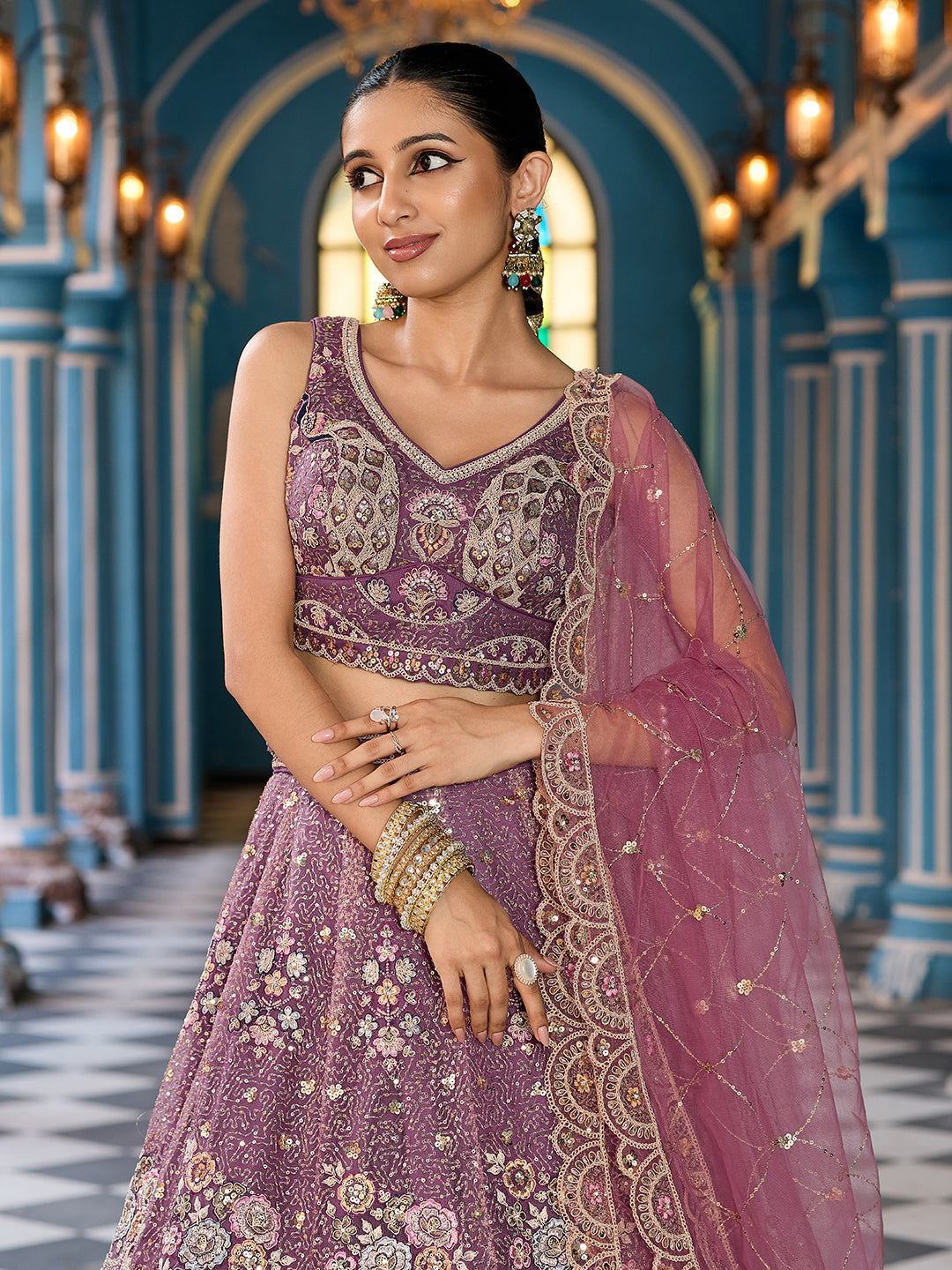 LAVENDER - Net Fabric Sequins embroidery Lehenga & Unstitched Blouse With Dupatta