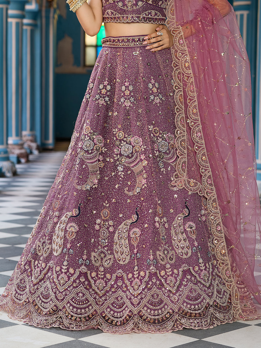 LAVENDER - Net Fabric Sequins embroidery Semi-Stitched Lehenga & Unstitched Blouse With Dupatta