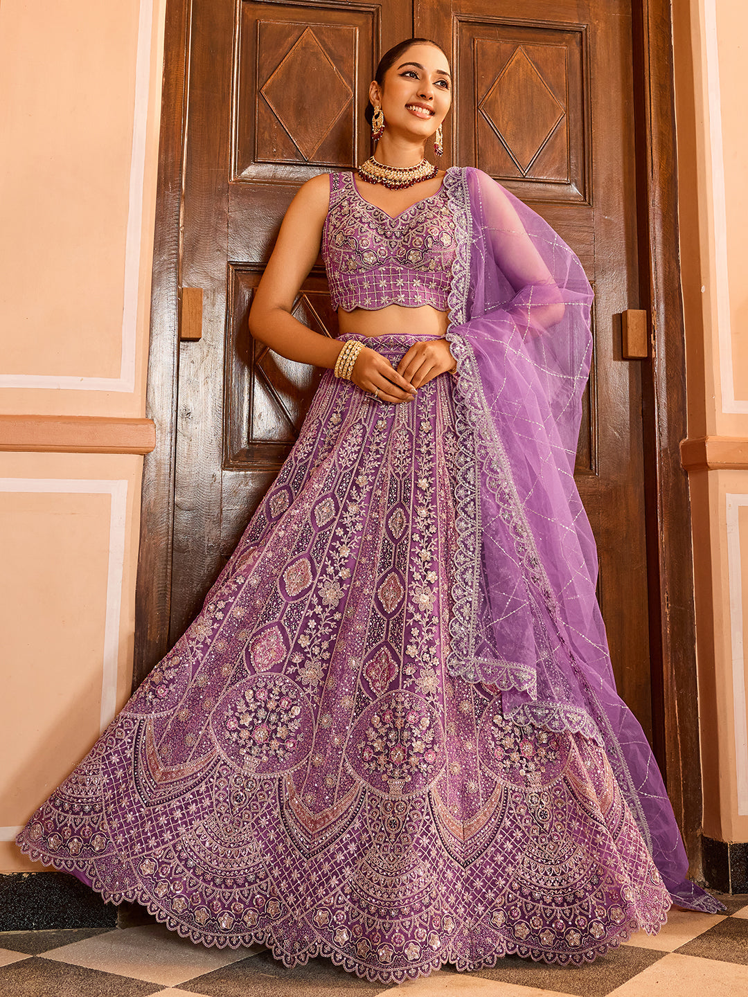 LAVENDER - Net Fabric Sequins embroidery Lehenga & Unstitched Blouse With Dupatta