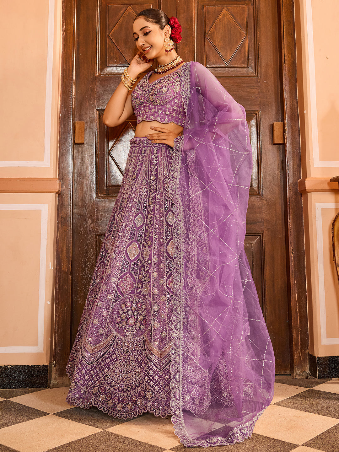 LAVENDER - Net Fabric Sequins embroidery Lehenga & Unstitched Blouse With Dupatta