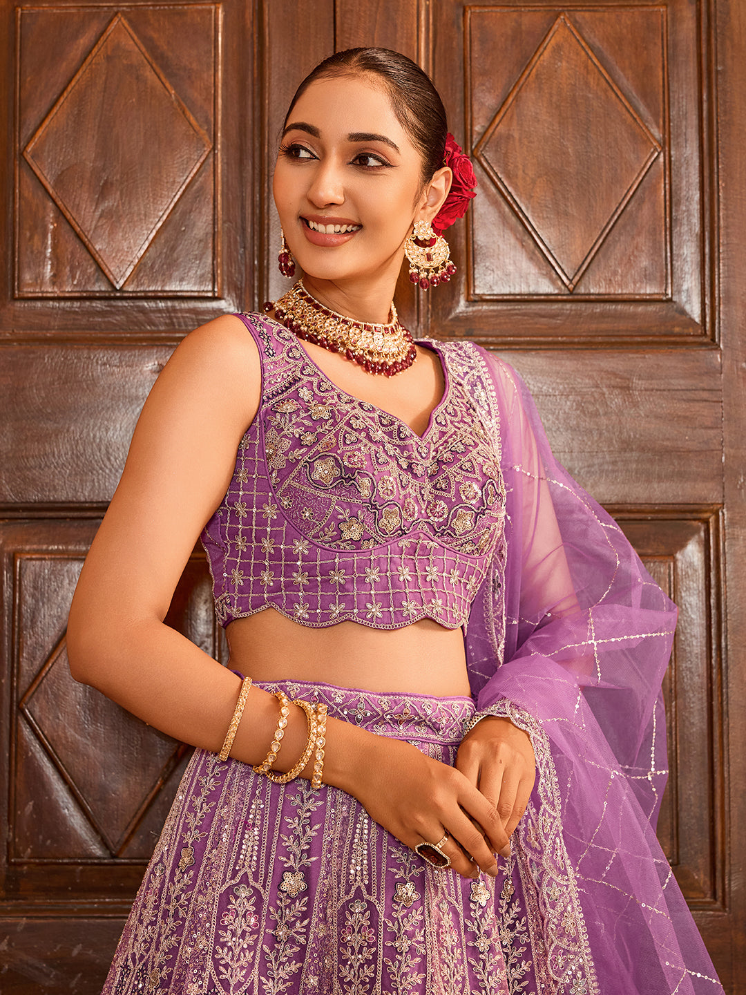 LAVENDER - Net Fabric Sequins embroidery Lehenga & Unstitched Blouse With Dupatta