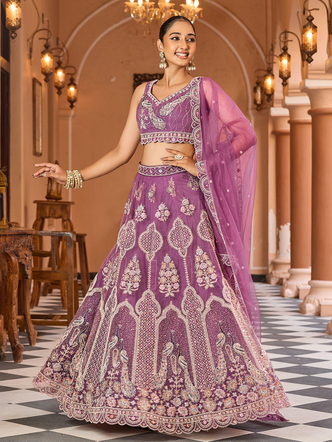 LAVENDER - Net Fabric Sequins embroidery Lehenga & Unstitched Blouse With Dupatta