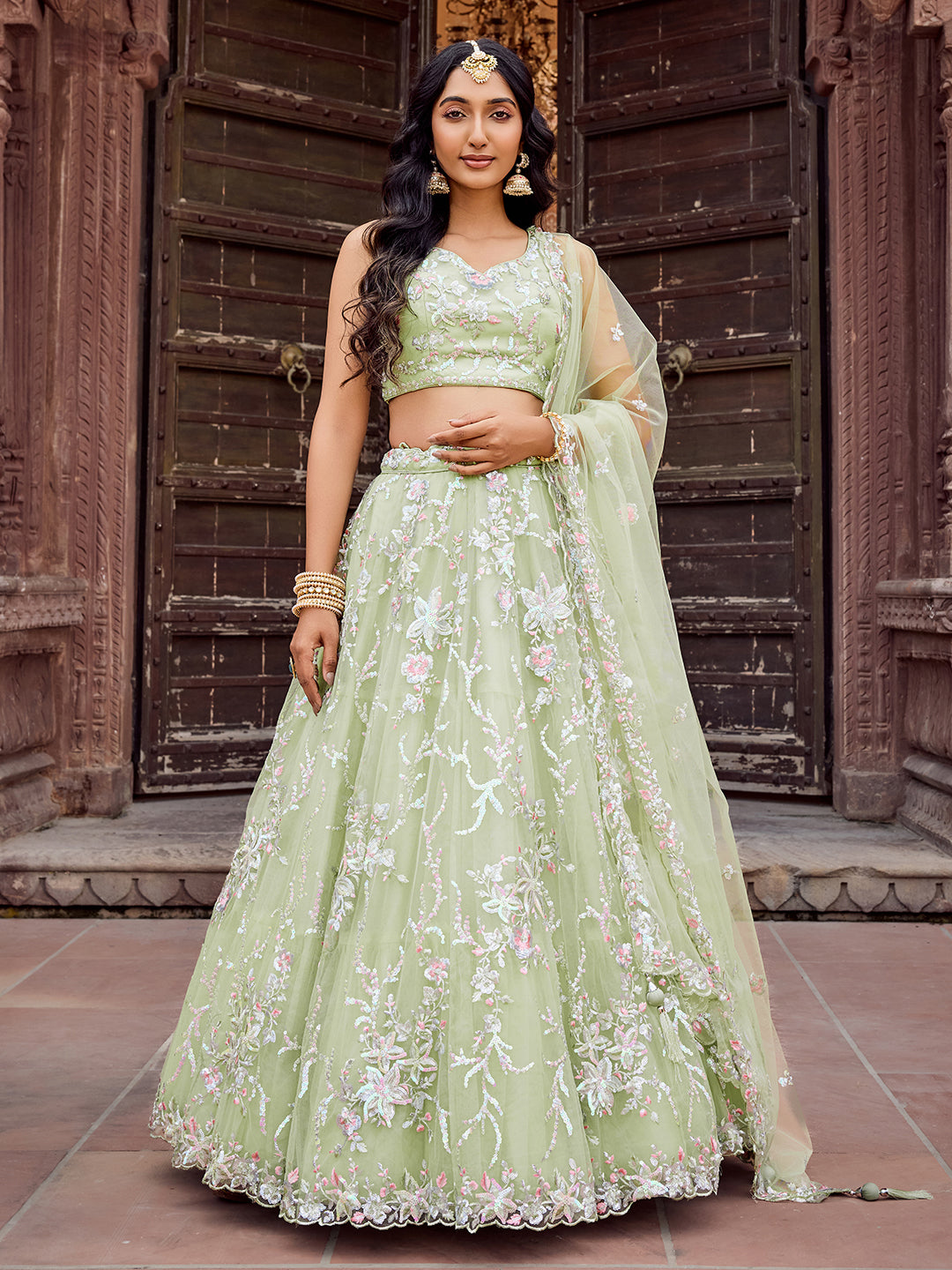 LIMEGREEN - Net Fabric Sequins embroidery Lehenga & Unstitched Blouse With Dupatta