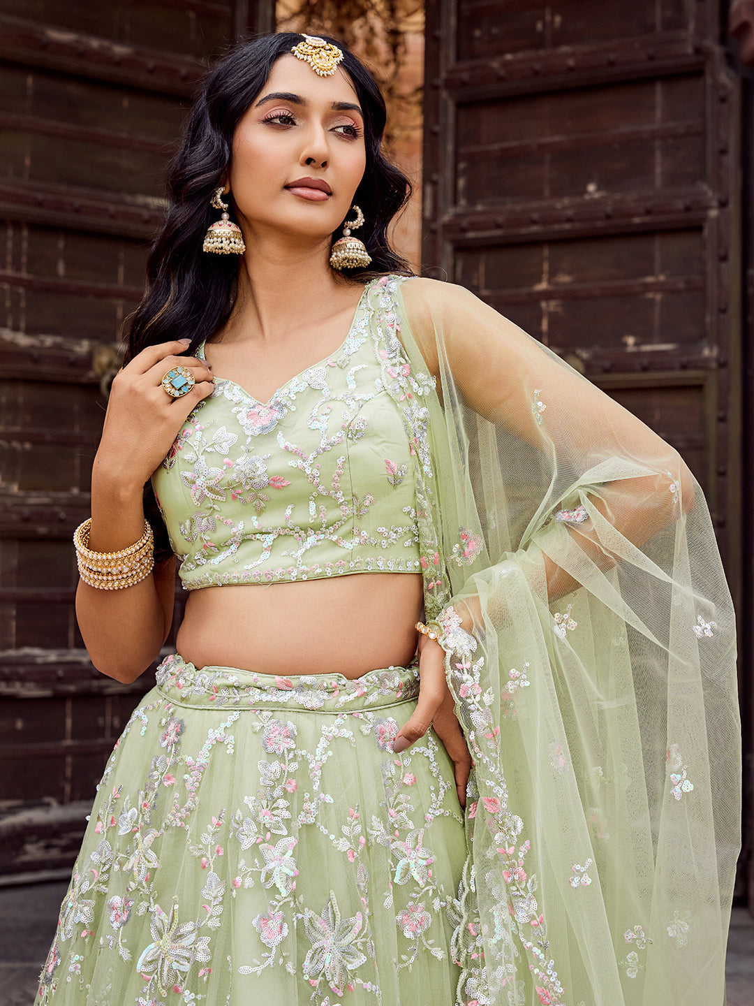 LIMEGREEN - Net Fabric Sequins embroidery Lehenga & Unstitched Blouse With Dupatta