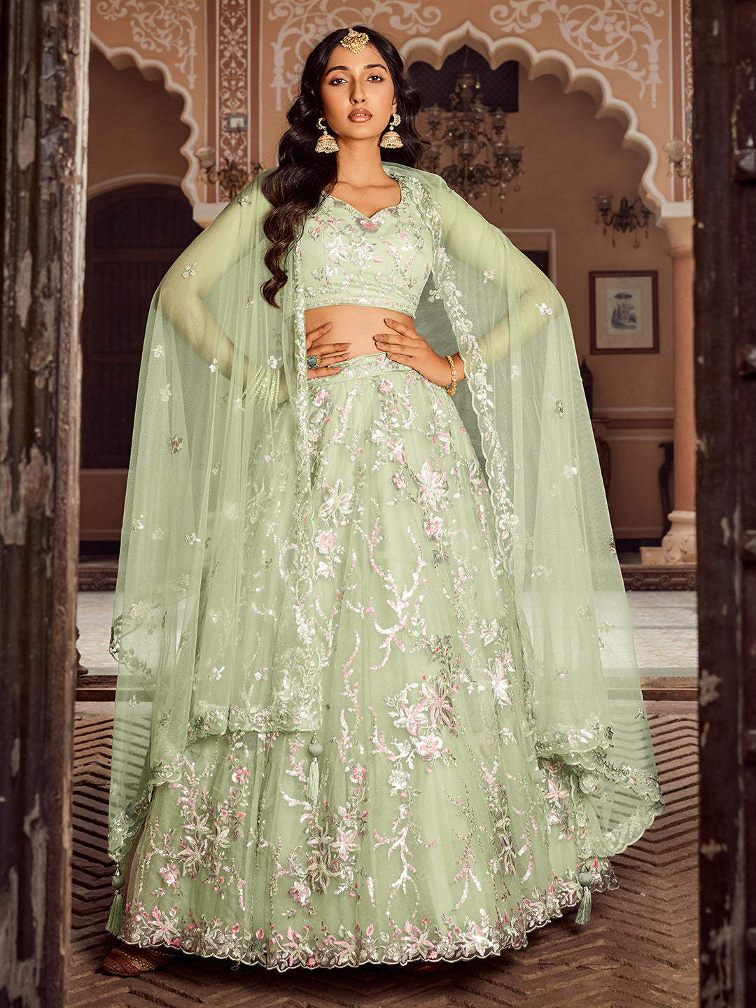 LIMEGREEN - Net Fabric Sequins embroidery Lehenga & Unstitched Blouse With Dupatta