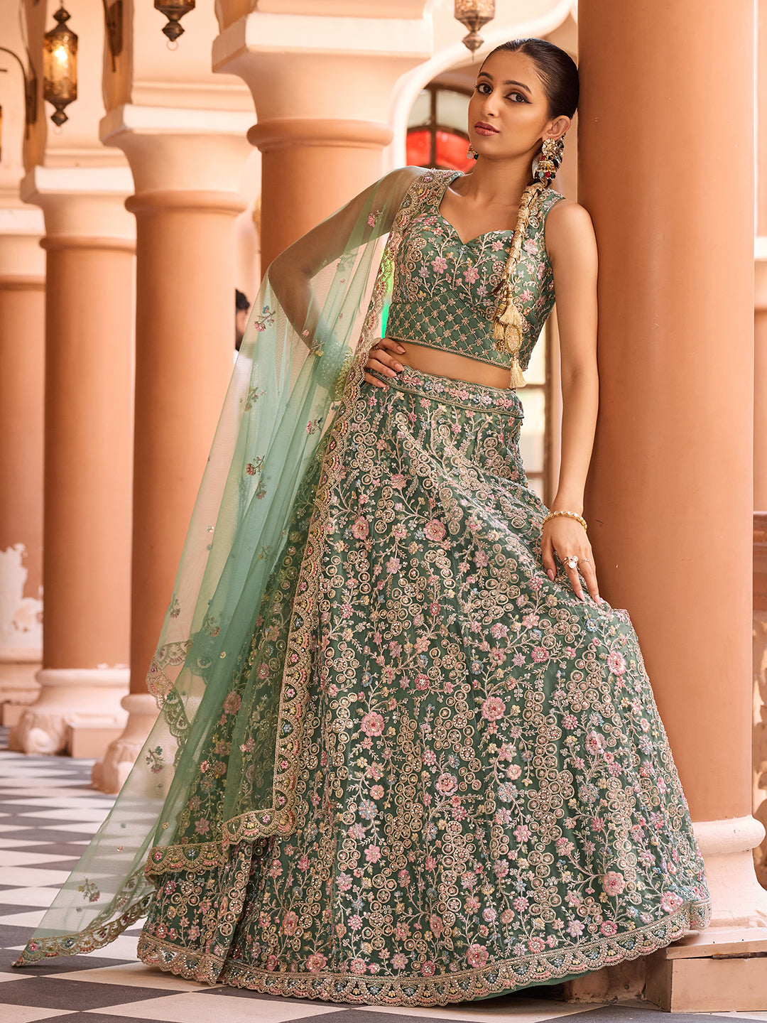 LIMEGREEN - Net Fabric Sequins embroidery Lehenga & Unstitched Blouse With Dupatta