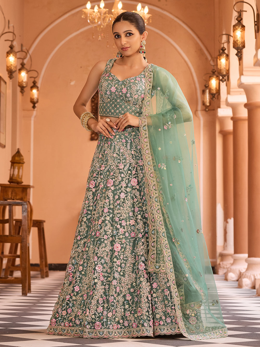 LIMEGREEN - Net Fabric Sequins embroidery Lehenga & Unstitched Blouse With Dupatta