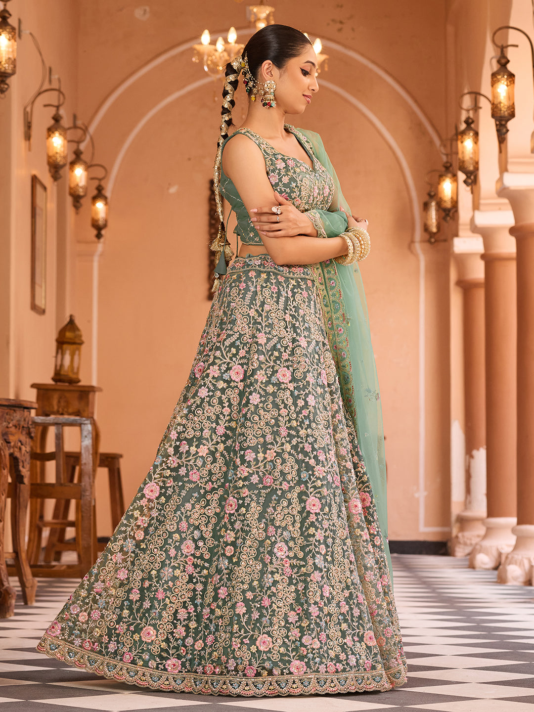 LIMEGREEN - Net Fabric Sequins embroidery Lehenga & Unstitched Blouse With Dupatta
