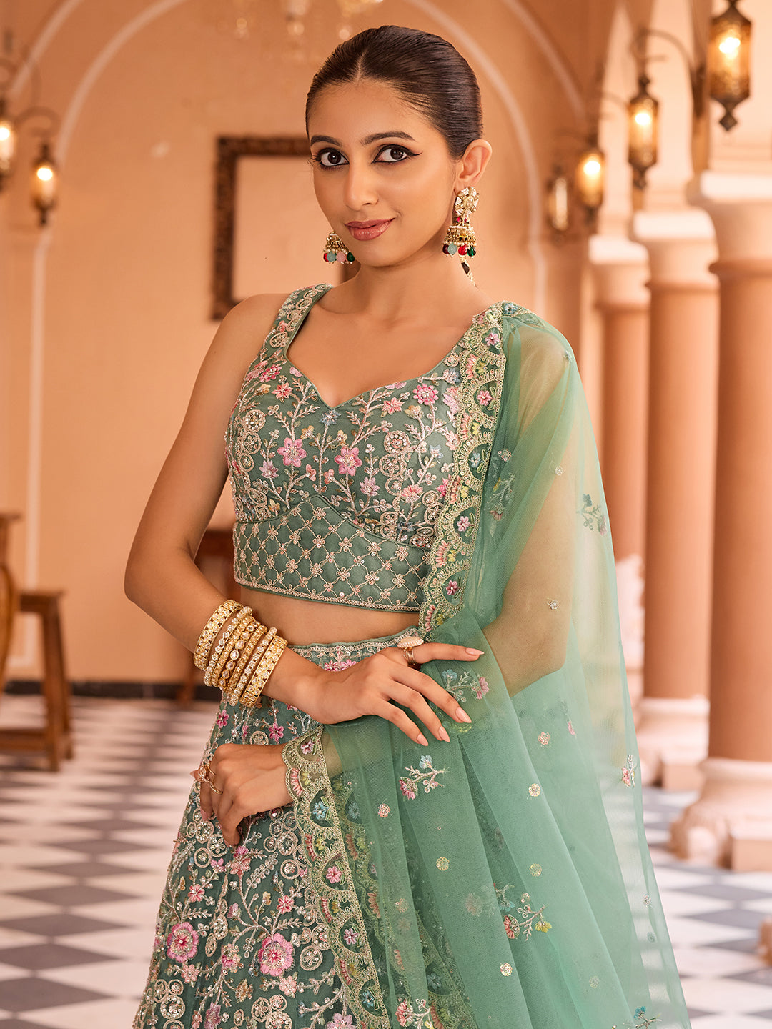 LIMEGREEN - Net Fabric Sequins embroidery Lehenga & Unstitched Blouse With Dupatta