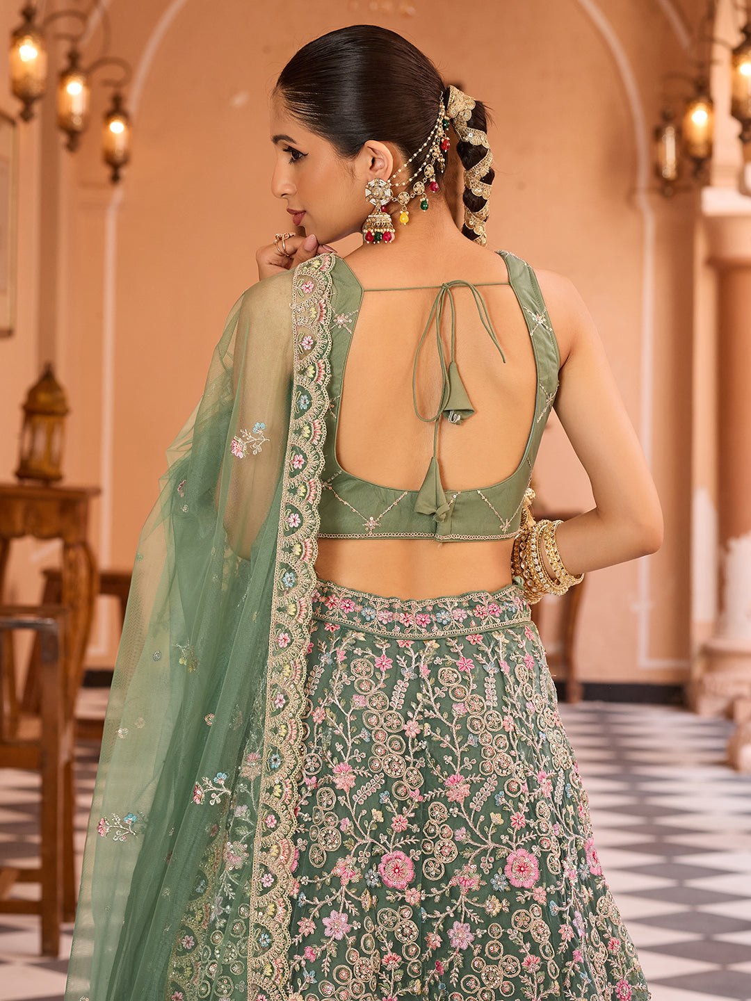 LIMEGREEN - Net Fabric Sequins embroidery Lehenga & Unstitched Blouse With Dupatta