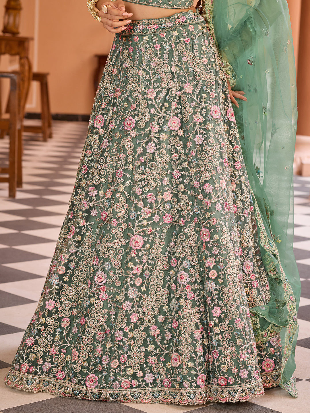 LIMEGREEN - Net Fabric Sequins embroidery Lehenga & Unstitched Blouse With Dupatta