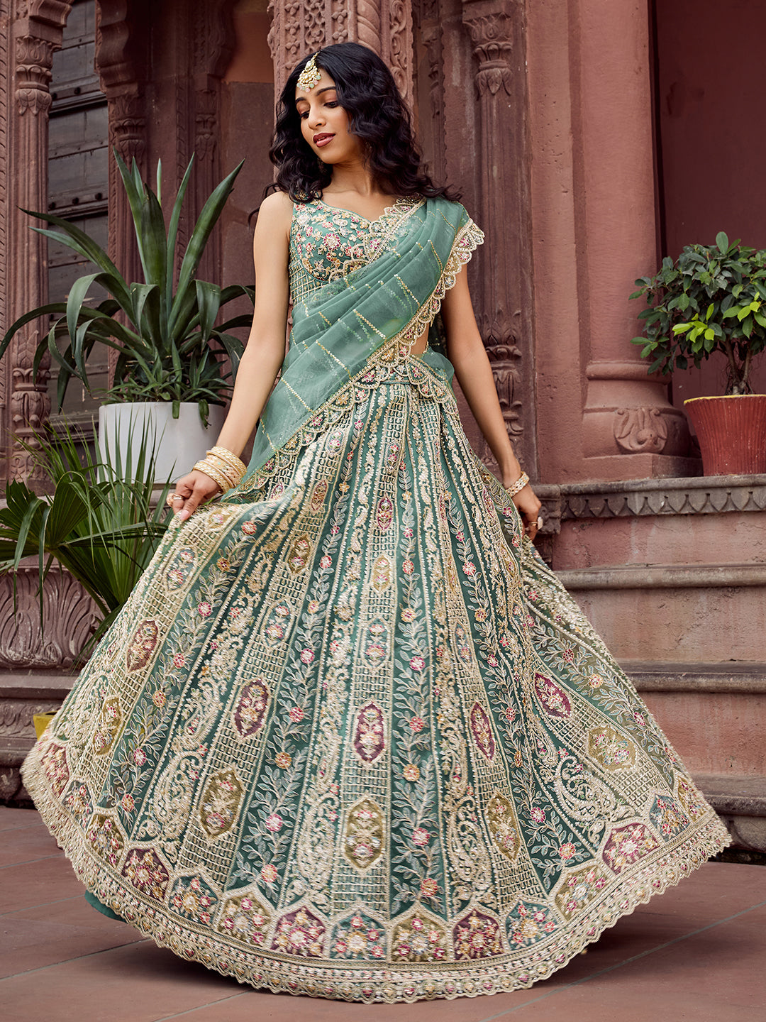 LIMEGREEN - Net Fabric Sequins embroidery Lehenga & Unstitched Blouse With Dupatta