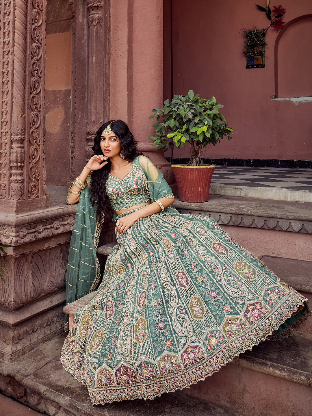 LIMEGREEN - Net Fabric Sequins embroidery Lehenga & Unstitched Blouse With Dupatta