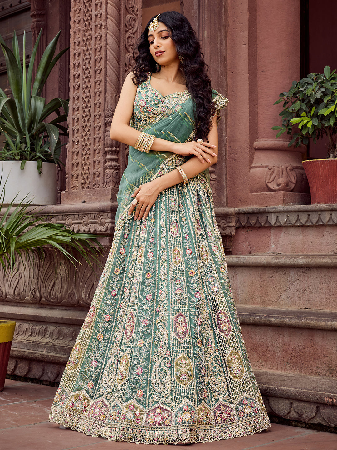 LIMEGREEN - Net Fabric Sequins embroidery Lehenga & Unstitched Blouse With Dupatta