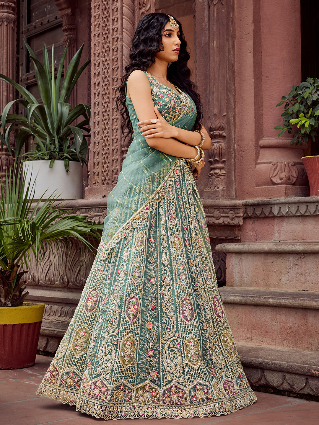 LIMEGREEN - Net Fabric Sequins embroidery Lehenga & Unstitched Blouse With Dupatta