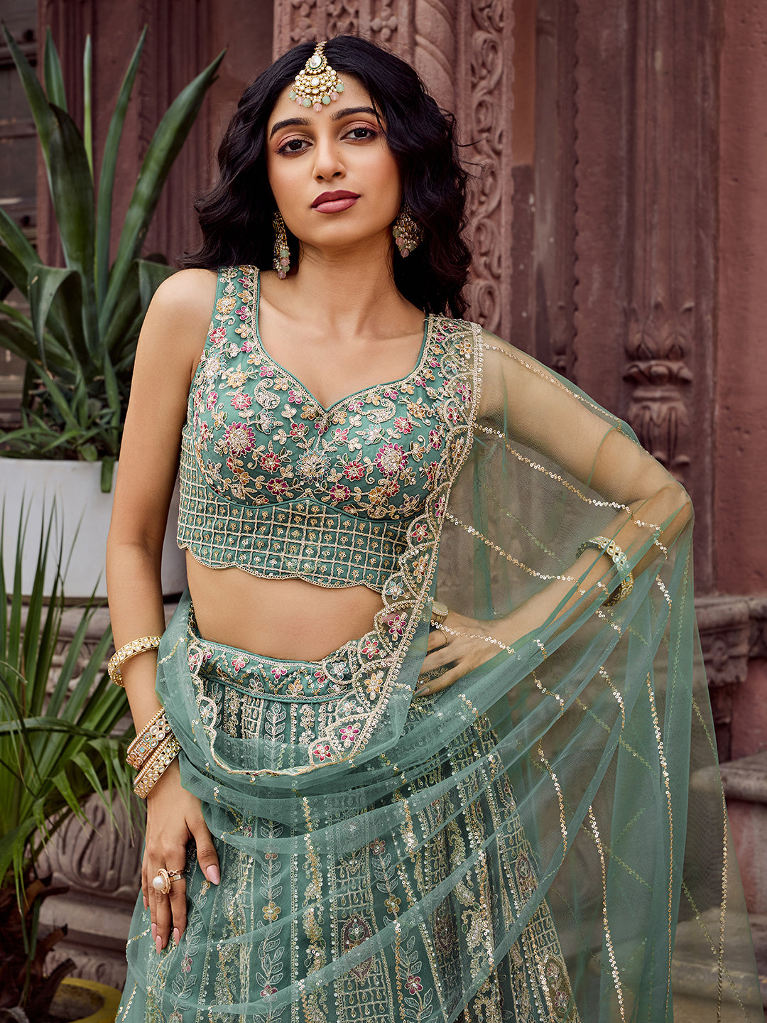 LIMEGREEN - Net Fabric Sequins embroidery Lehenga & Unstitched Blouse With Dupatta