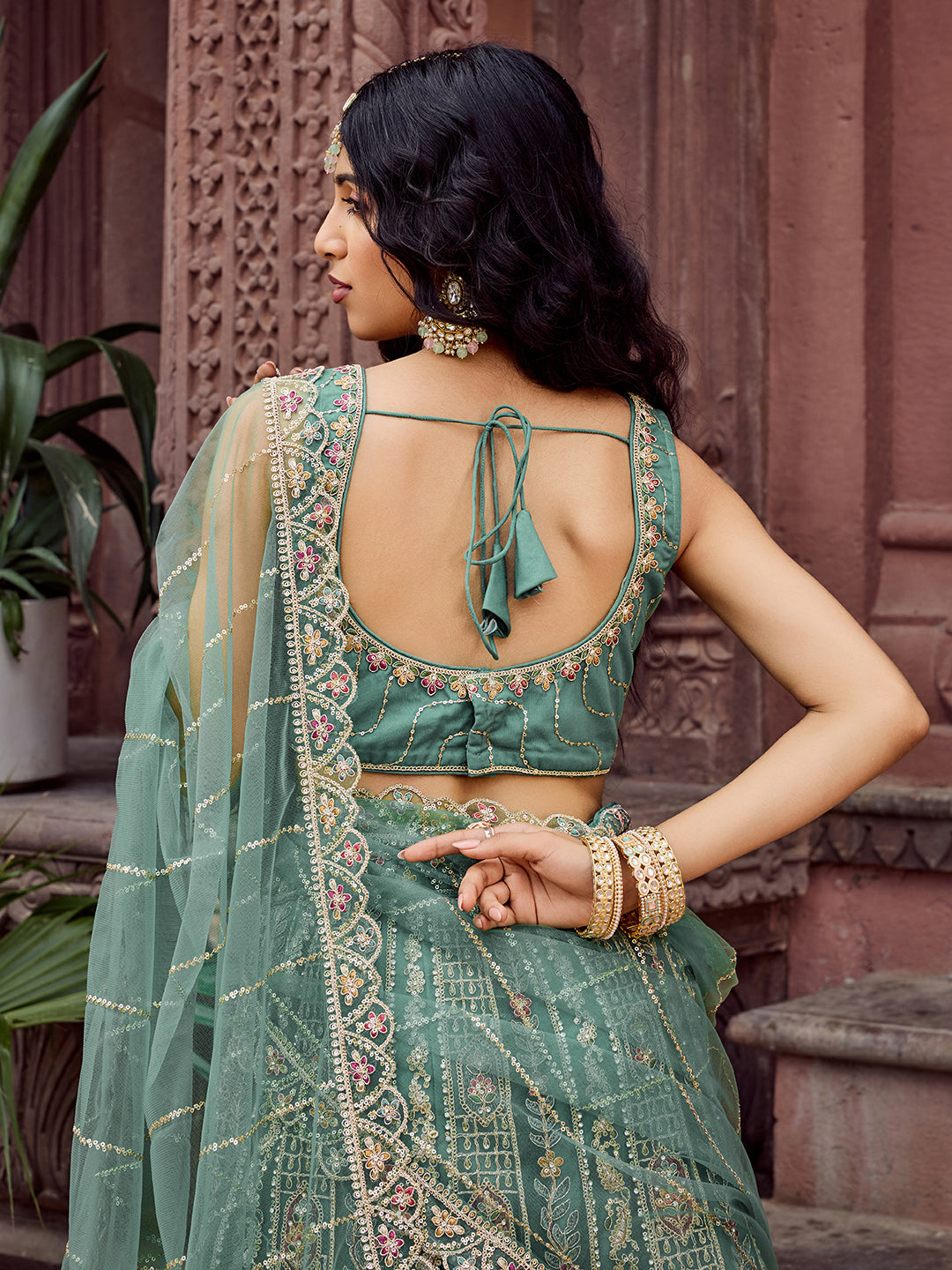 LIMEGREEN - Net Fabric Sequins embroidery Lehenga & Unstitched Blouse With Dupatta